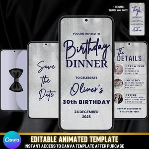 Puede incluir: Plantilla de invitación digital para una cena de 30 cumpleaños, con un diseño azul marino y plateado. La invitación incluye detalles como fecha, hora, lugar y vestimenta. La plantilla es editable y animada.