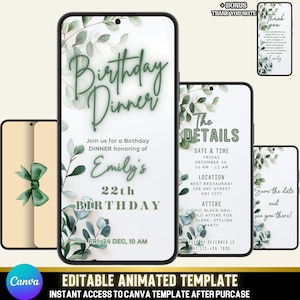 Elegante invito a cena di compleanno, video, design minimalista verde salvia con sorpresa busta dorata, MP4 digitale, modello Canva modificabile