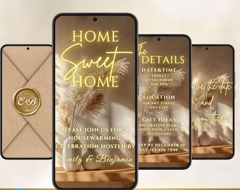 Video invito per inaugurazione della casa beige / Invito animato Home Sweet Home / Modello Canva modificabile
