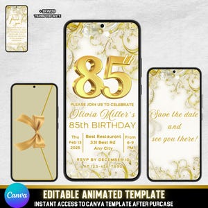 Élégante vidéo Evite pour 85 anniversaires et anniversaires, modèle modifiable or beige pour femme, carte virtuelle animée de luxe pour elle + mot de remerciement