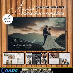 Könnte beinhalten: Eine animierte Diashow-Vorlage mit dem Text "Animated Slideshow template" und "40 MIX-AND-MATCH SLIDES". Die Vorlage enthält ein Foto eines Paares und den Text "The Wedding of Andreas & Emily". Zusätzliche Fotos werden unten angezeigt. Das Canva-Logo befindet sich unten.