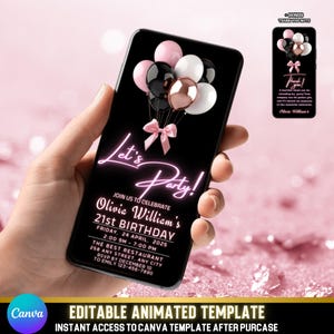 Convite de aniversário Let's Party | Balões rosa neon e ouro rosé | Modelo editável do Canva + agradecimento bônus