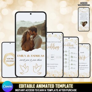 May include: A digital wedding invitation template displayed on smartphones. The main screen features a couple embracing on a beach, with text reading "Emily & Andreas invite you to join them." Additional screens show wedding details and a thank you note. The template is editable.
