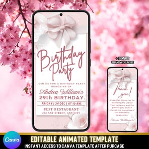 Soft Pink Birthday Party Evite | Editable Canva Template | Animated Invitation for Women | Digital Download