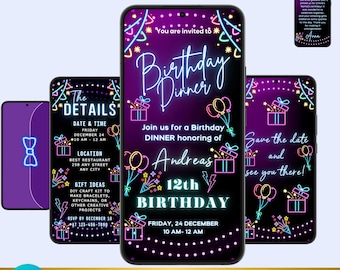 Neon Geburtstagsessen Einladung Video, animierte Party Evite (Digitaler Download)