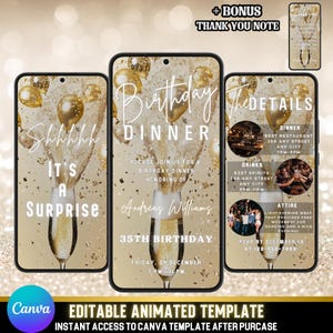 Elegante invito di compleanno animato in oro e crema / Invito video modificabile per cena di compleanno / Testo personalizzabile per QUALSIASI ETÀ / Invito per festa