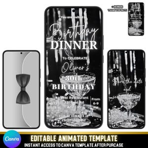 Classy Birthday Dinner Invite for Men | Black & Silver Animated Evite | Formal Digital Video Invitation Template | Silver Champagne Design