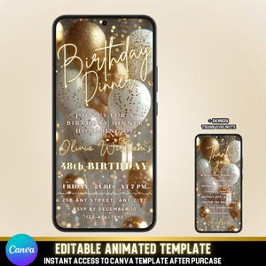 Luxe Animierte Geburtstagsessen einladen | Weiß & Goldballons mit Sparkles | Sofortdownload | Digital einladen | Canva Bearbeitbare Vorlage