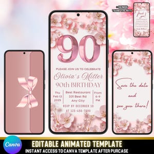 Evite 90e anniversaire de fleurs de cerisier | Invitation vidéo animée sur toile | Modèle de fête floral rose Sakura modifiable + carte de remerciement