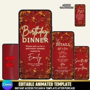 Vidéo d'invitation à un dîner d'anniversaire Bourgogne | Modèle éditable animé élégant sur toile rouge | Télécharger Evite MP4 personnalisé