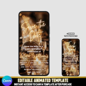 Luxury Save the Date Birthday eCard | Gold & Black Digital Party Invite | Animated Canva Template | Self-Editable