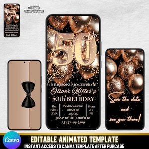 50e verjaardagsuitnodiging voor mannen | Black Tie Bronze Video Evite | Elegante bewerkbare canva mp4 + bonus bedankbriefje | Digitale download