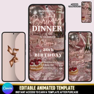 Soft Pink & Beige animierte Geburtstagseinladung | Champagner, Disco Ball Design | Elegantes Dinner Evite | Bearbeitbar Canva Bearbeitbar