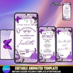 Vidéo d'animation d'invitation de Quinceañera violette, modèle de toile modifiable + mot de remerciement, invitation vintage pour 15e anniversaire de lavande