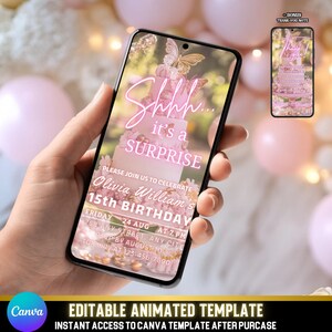 Invitación de cumpleaños animada con sorpresa rosa / Canva editable / Video con diseño de pastel rosa para niñas + nota de agradecimiento adicional