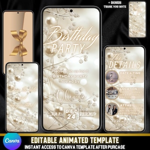 Elegante geanimeerde uitnodiging voor verjaardagsfeestje | Digitale video-uitnodiging goud en parel | Formele verjaardagskaart | Luxe beige en crèmekleurig ontwerp