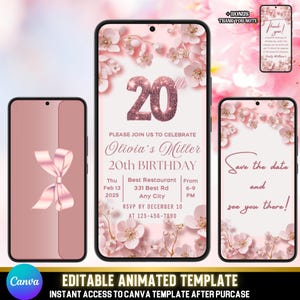 Invitación en video para el 20.º cumpleaños de Sakura Bloom / Invitación animada de flores de cerezo editable para niñas / Plantilla de Canva con flores rosas + Tarjeta de agradecimiento
