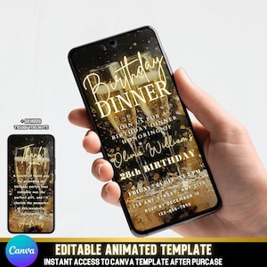 Animated Birthday Dinner Invitation | Retro Black & Gold Champagne Design | Editable Canva Video Evite