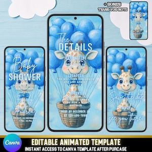 Linda invitación para baby shower de niño, jirafa animada con globos azules, diseño de acuarela pastel, invitación digital editable para celebración.