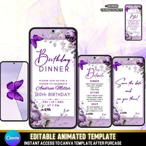 Invitación de video animada para cena de cumpleaños en tonos lilas, invitación retro editable con peonía y mariposa, elegante celebración de Evite