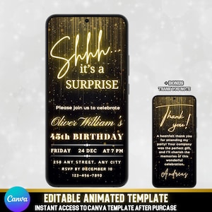 Animated Surprise Birthday Invitation | Black & Gold Theme | Self-Edit Canva Template | Digital Download + Bonus Thank You Note