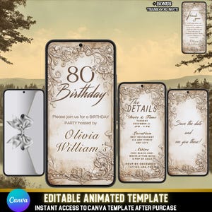 Convite Vintage para 80º Aniversário | Vídeo Animado Evite | Modelo Canva Editável + Nota de Agradecimento Bônus | Cartão Eletrônico Retro Party