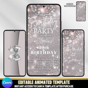 Op de afbeelding: Bewerkbare geanimeerde sjabloon voor een 30e verjaardagsfeestuitnodiging. De sjabloon heeft een zilveren glitterachtergrond met witte tekst die zegt "Je bent uitgenodigd voor het verjaardagsfeest ter ere van Olivia's 30e verjaardag". De sjabloon bevat ook een datum, tijd, locatie en RSVP-informatie.