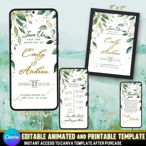 Wedding Invitation Set with Sage Green Leaves and Gold Accents, Elegant Animated & Printable - Minimalist Design with Itinerary