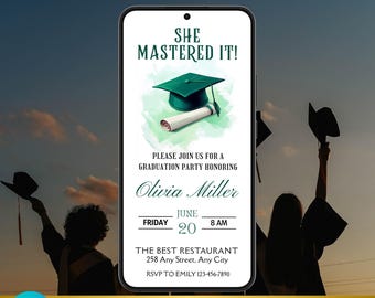 Masters Graduation Party Invitation Animated | Green Grad eVite DIY Template | Editable College Invite