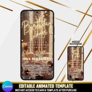 Elegant Animated Birthday Dinner Invitation | Champagne & Beige Video Evite | Editable MP4 Canva Template | Beige and Gold Elegant Design