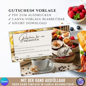 May include: A printable breakfast gift voucher template featuring the German text Gutschein für ein Frühstück, Liebe, Ich lade dich herzlich zu einem Frühstück in deinem Lieblingscafé ein, Ich freue mich auf eine schöne Zeit mit dir, Für, Von, Wann.