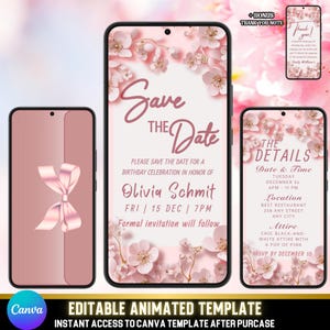 Cherry Blossom Save the Date Invite | Animated Birthday Canva Template | Pink Sakura Floral Digital Evite + Bonus Thank You Message