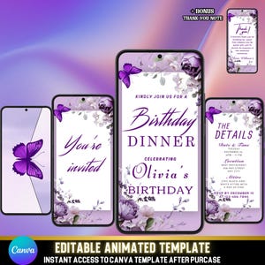Schickes lila animiertes Abendessen für Frauen, elegantes lila Blumenvideo, Vintage Blumengeburtstags-Canva-Vorlage + bearbeitbares Dankesvideo