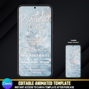 Elegante Seerosen-Geburtstags-Party einladen Hellblau & Silber lebhafte Evite | Sofortdownload | Digital Evite für Frauen | Canva Vorlage
