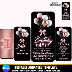 Animierte Überraschung Geburtstagseinladung | Rose Gold & Neon Pink Evite | Digitale eCard | Frauenparty Evite | Bearbeitbare Canva Vorlage