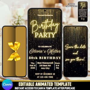 Gold & Black Animated Birthday Party Invitation | Self-Editable Canva | 50th Birthday | Instant Download | Bonus Thank You Note