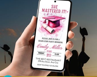 Rose Gold Graduation eVite – "She Mastered It!" Animated Canva Template