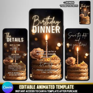 Invitation animée élégante de dîner d'anniversaire | Gâteau à la crème et bougie | Modèle de toile auto-modifiable | Carte virtuelle Party chic avec remerciement