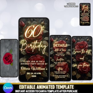 Elegantes Evité zum 60 Dunkelrote Rosen & Goldtext | Selbst editierbare Canva MP4 Einladung + Dankeschön
