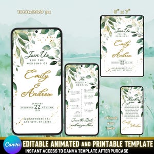 Wedding Invitation Set with Sage Green Leaves and Gold Accents, Elegant Animated & Printable - Minimalist Design with Itinerary