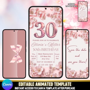 Invitación de cumpleaños número 30 con Sakura animada de Evite / Invitación editable de flor de cerezo para mujer / Video floral rosa de Canva + Tarjeta de agradecimiento