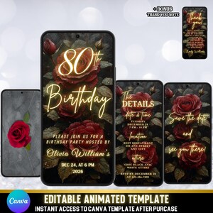 Animated 80th Birthday Invitation | Red Rose & Gold Party Evite | Canva Template | Bonus Thank You Note