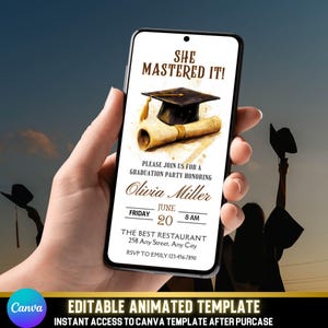 Zwartgouden afstudeeruitnodiging | eVite Masters Bachelors Grad Party | Digitale olieverfstijl | DIY canvassjabloon | Ze heeft het onder de knie