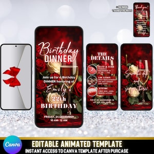 Invito animato per cena di compleanno, design con rose bordeaux e champagne, elegante invito per festeggiamenti, biglietto d'invito digitale per cena