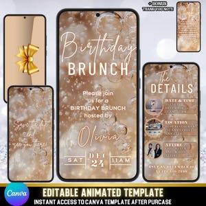 Invito animato glamour per brunch, testo dorato e bollicine di champagne, elegante invito digitale
