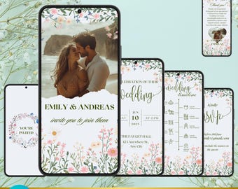 May include: A set of five animated wedding invitation templates with floral designs. The main invitation features a couple in front of a beach scene with the text "Emily & Andreas invite you to join them". The other templates include a wedding timeline, RSVP card, and a thank you note.