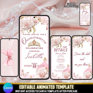 Convite em vídeo editável para festa de 15 anos em rosa, design elegante e suave em ouro rosa, cartão eletrônico animado para festa de 15 anos para meninas, autoeditável no Canva