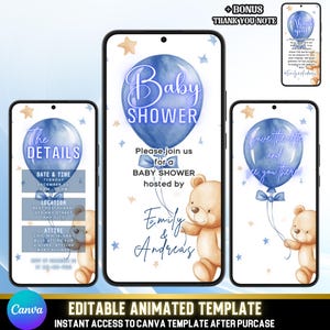 Invitación animada para baby shower de niño, video de oso azul pastel, plantilla personalizable de Canva para baby shower, descarga instantánea