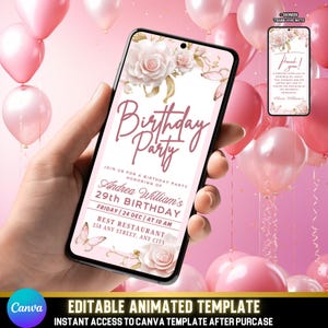 Rose Gold Geburtstagsparty einladen | Bearbeitbares animiertes Canva Design | Elegante Schmetterlingskarte für Frauen |  Blush und Pink Geburtstags-eCard