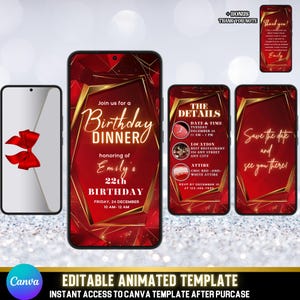 Evite animado vibrante para jantar de aniversário - modelo de convite vermelho e dourado editável, Canva editável, download digital, convite para festa